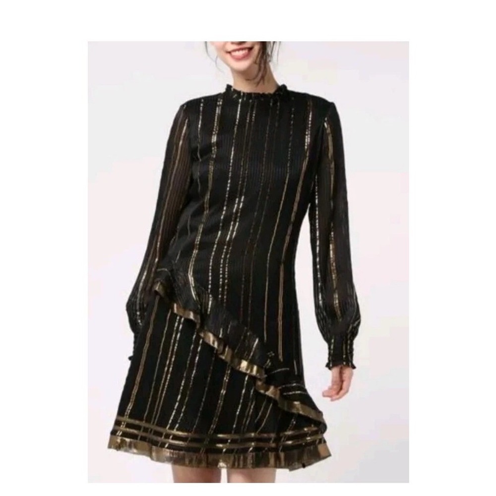 Derek Lam 10 Crosby Dress Women 4 Black Gold Metallic Stripe Ruffle TC91206MG